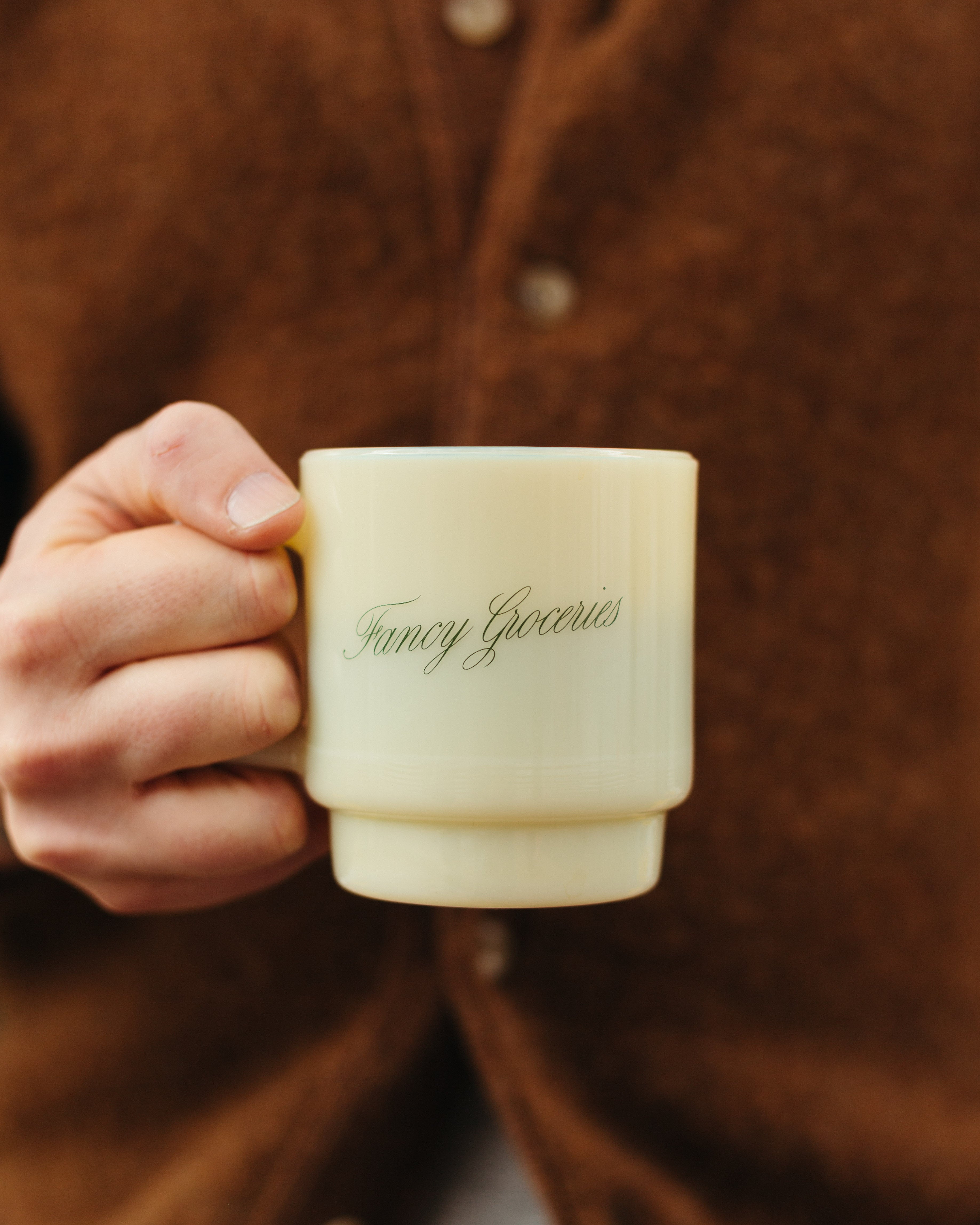 Fancy Groceries Milk Glass Mug