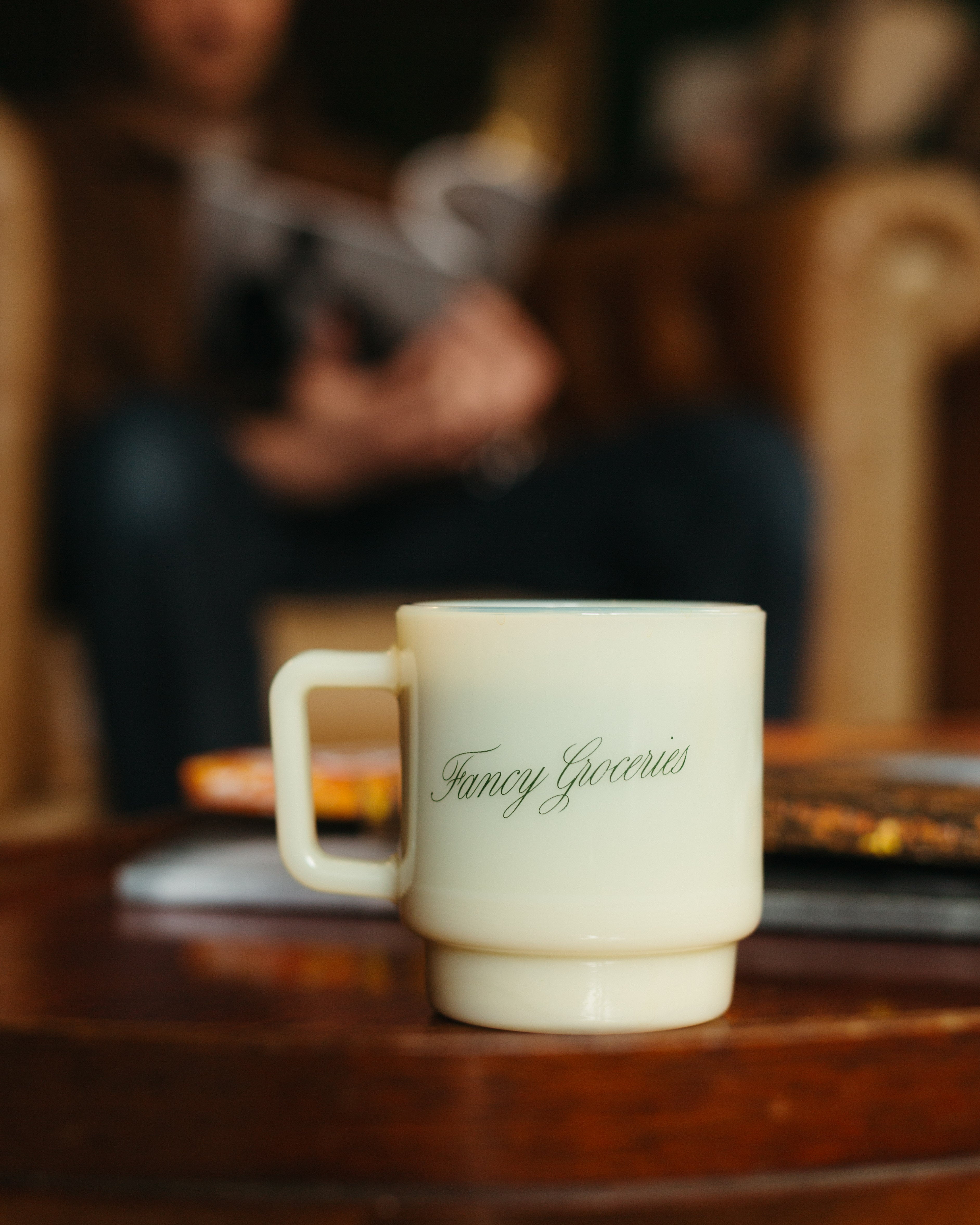 Fancy Groceries Milk Glass Mug