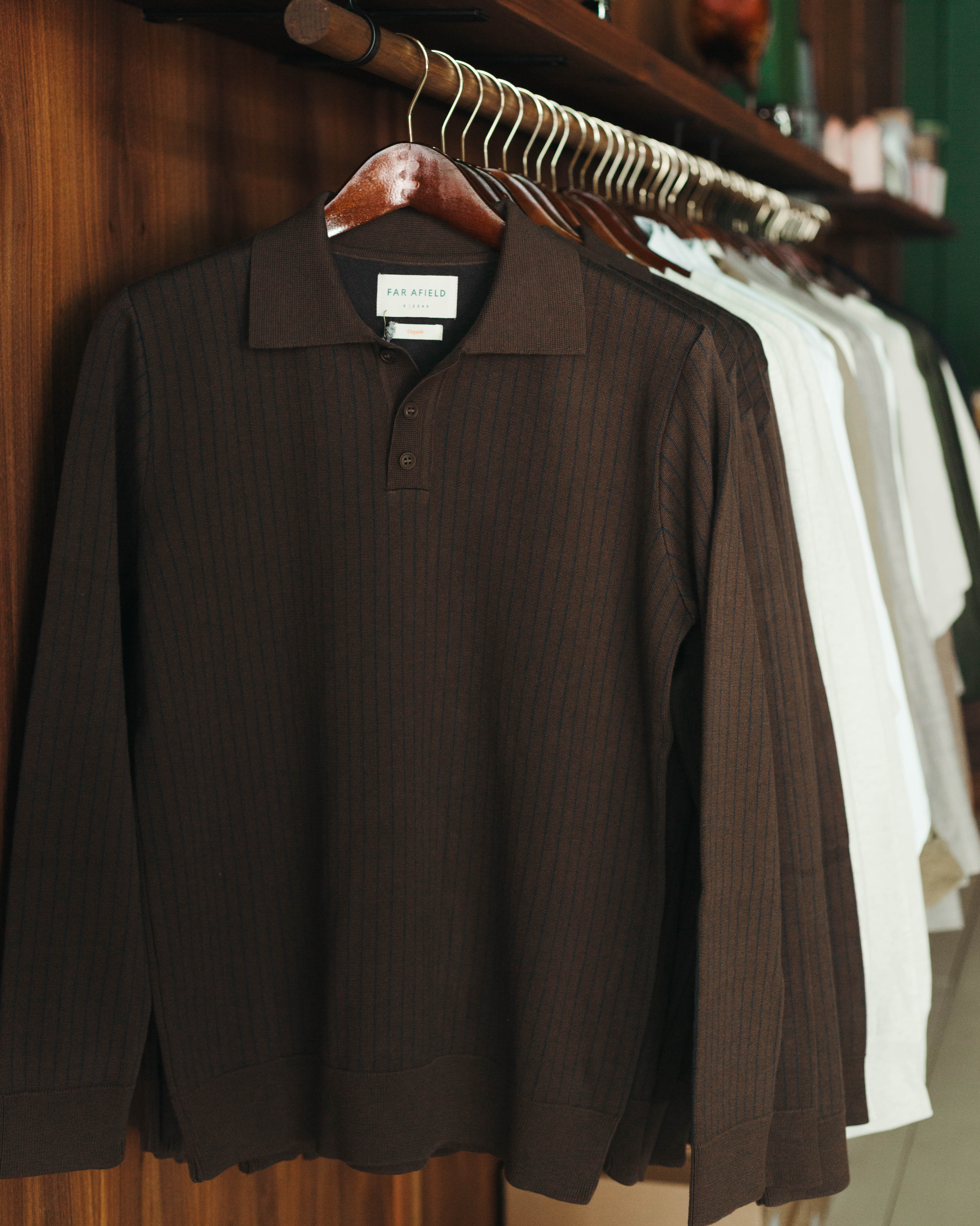 Far Afield Benny Knitted Polo Brown Navy Pinstripe