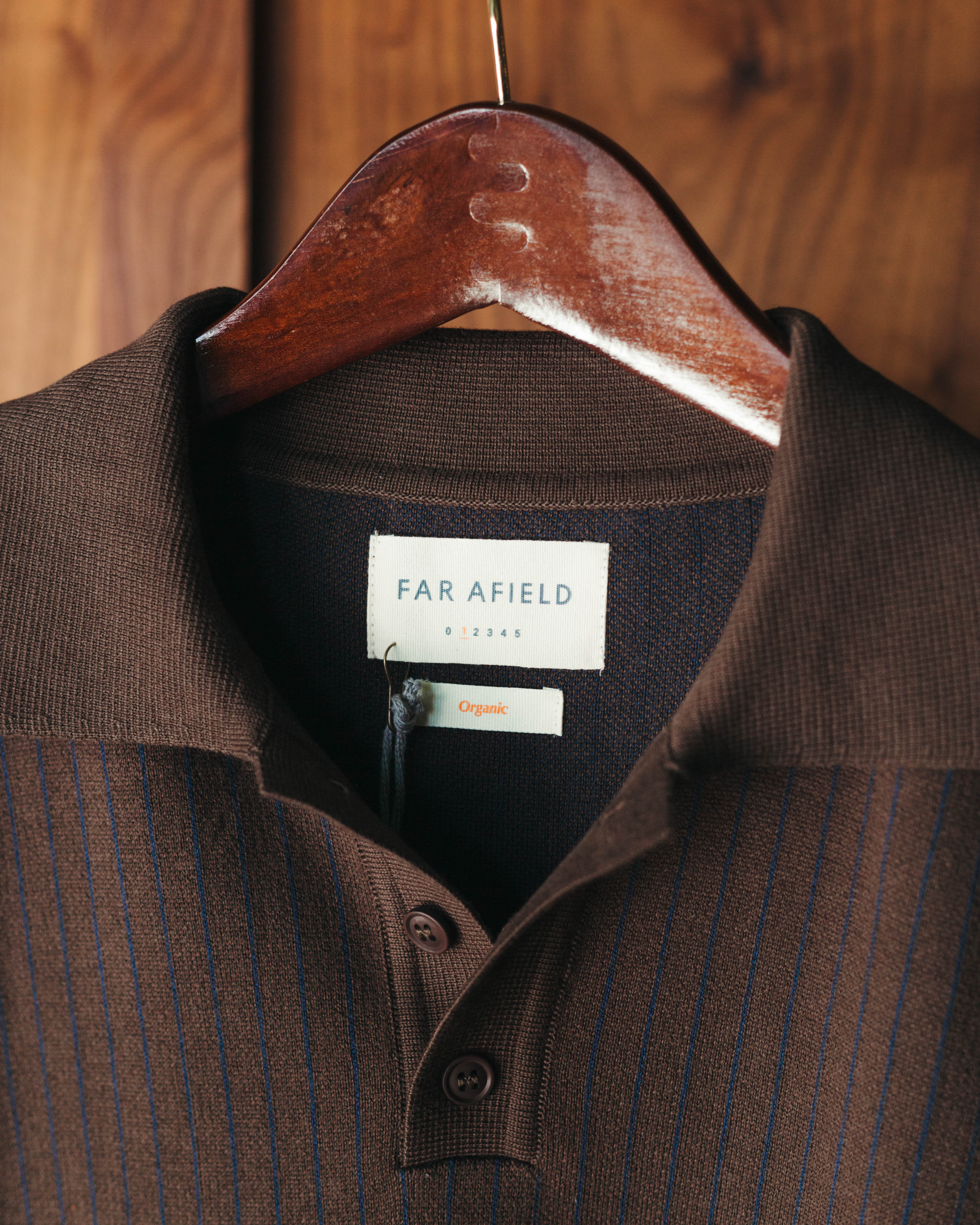 Far Afield Benny Knitted Polo Brown Navy Pinstripe