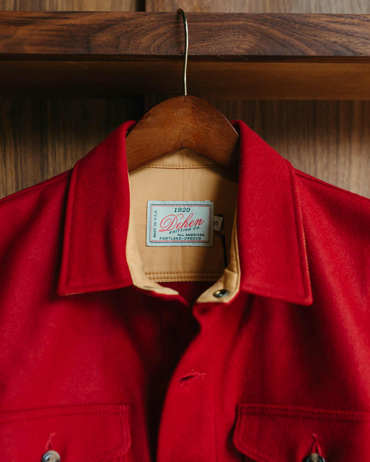 Dehen 1920 Crissman Overshirt - Cardinal
with details in front of wooden shelf at Fancy Groceries