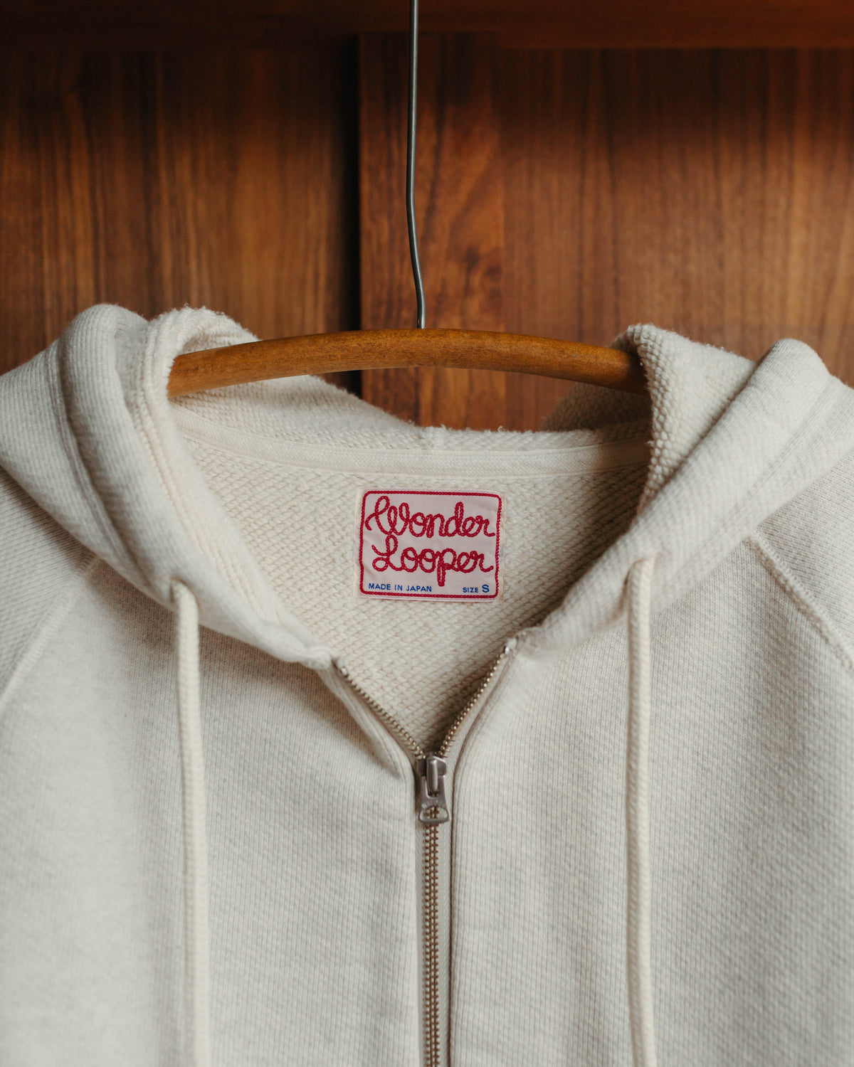 Wonder Looper Tag on the Zip Hoodie Double Heavyweight French Terry in Oatmeal at Fancy Groceries